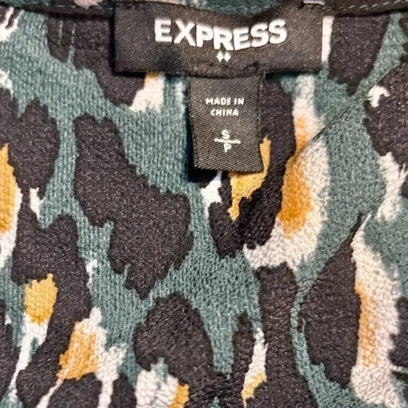 Express Dress Small Olive Green Animal Print Black Mustard Cream Mini Faux Wrap - Picture 9 of 15